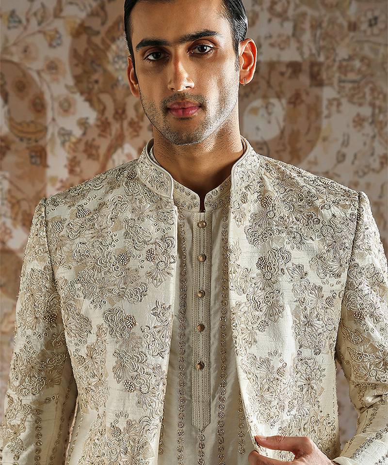 White embroidered raw silk bandhgala set