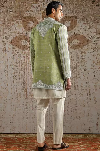 green embroidered raw silk bandhgala set for men