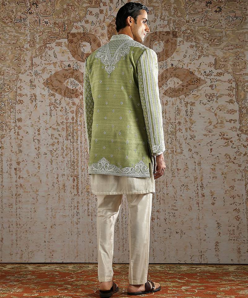 Green embroidered raw silk bandhgala set