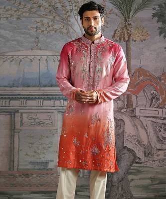Multicolor embroidered raw silk kurta set 3