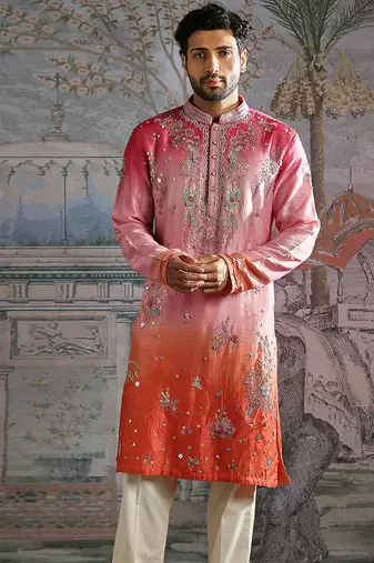 Multicolor embroidered raw silk kurta set