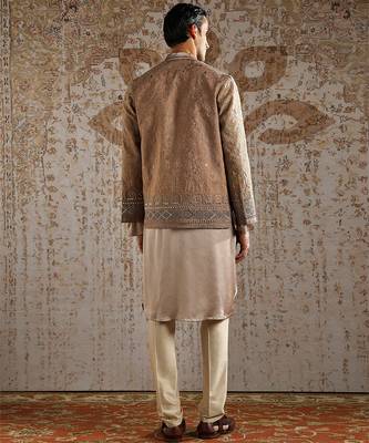 beige embroidered raw silk bandhgala set for men 5