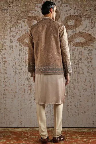 beige embroidered raw silk bandhgala set for men