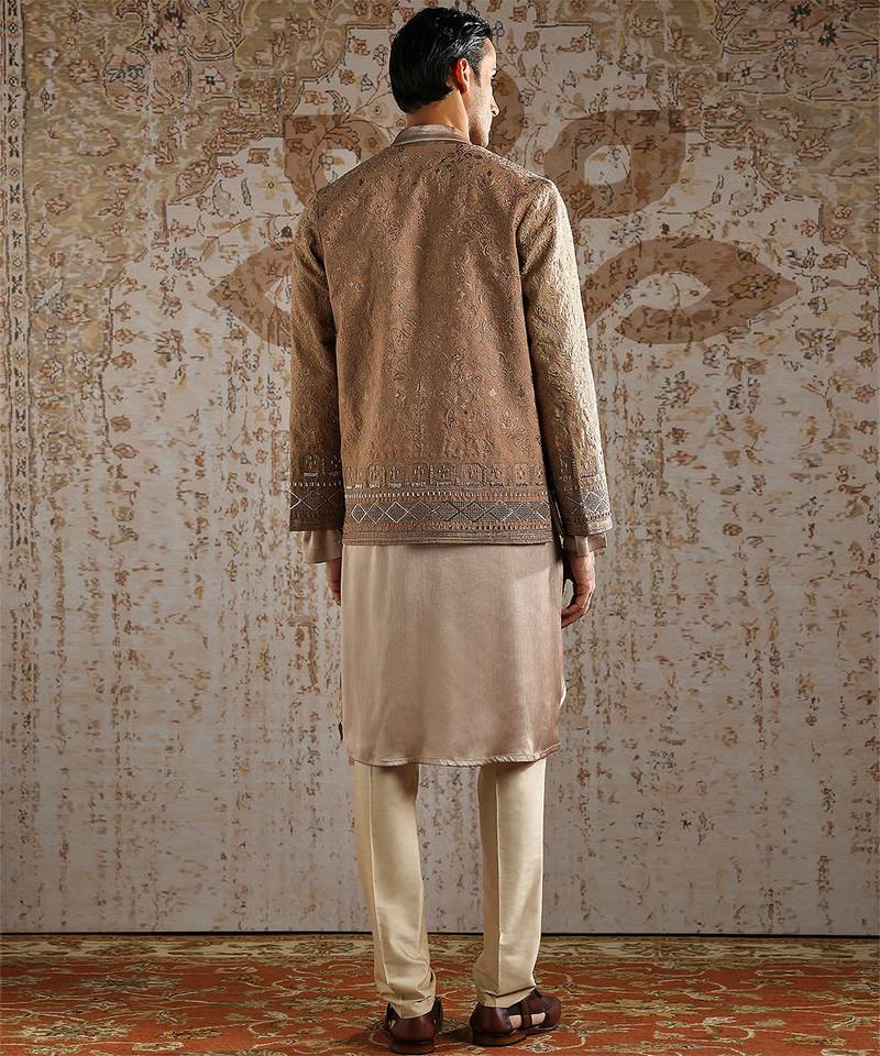 Beige embroidered raw silk bandhgala set