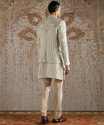white embroidered raw silk bandhgala set for men 5