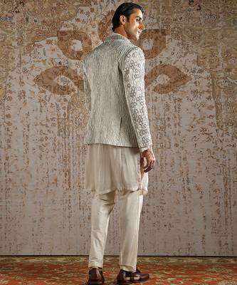 beige embroidered jacquard bandhgala set for men 5