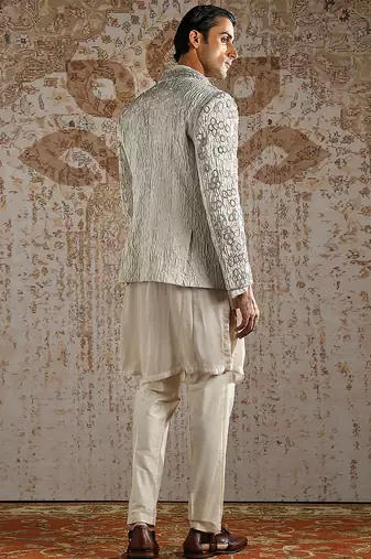 beige embroidered jacquard bandhgala set for men