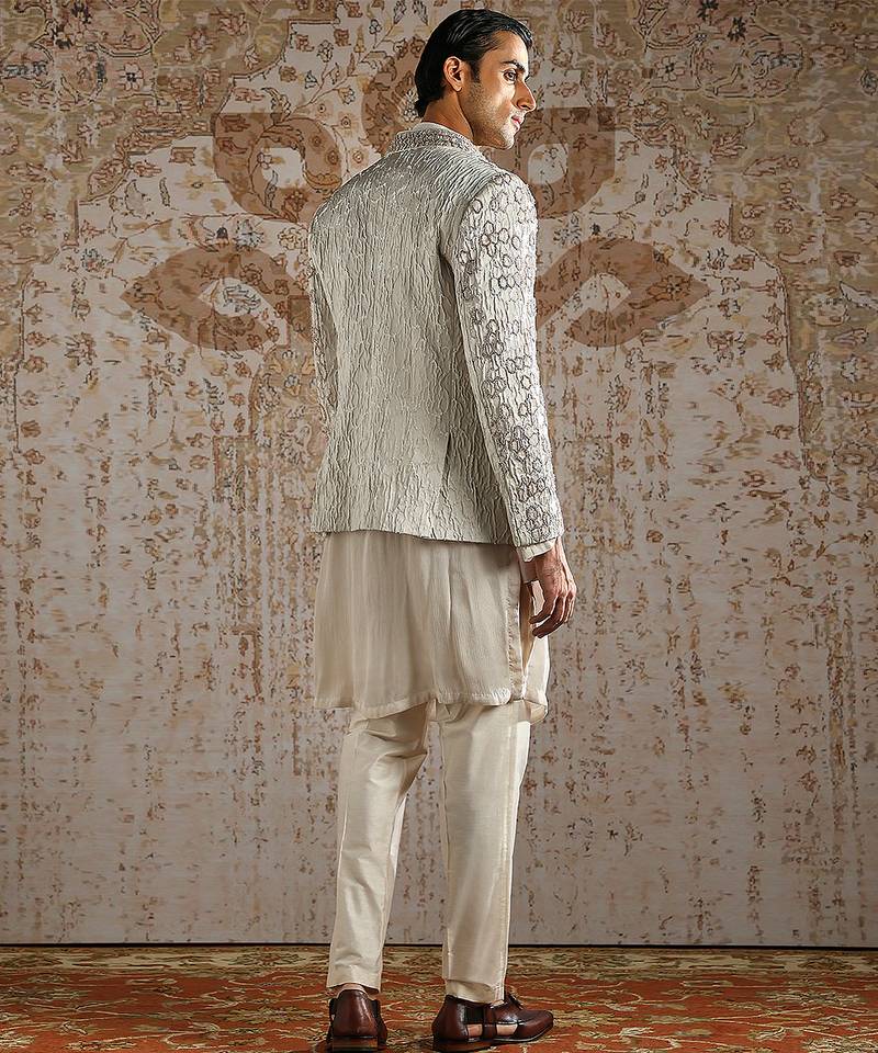 Ivory embroidered jacquard bandhgala set