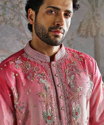 Multicolor embroidered raw silk kurta set 4