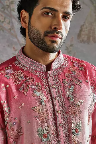 Multicolor embroidered raw silk kurta set