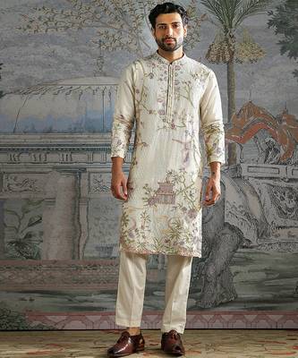 Ivory embroidered chanderi silk kurta set 1