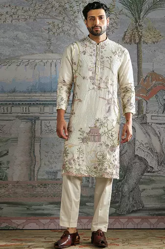 Ivory embroidered chanderi silk kurta set