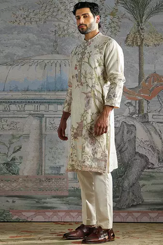 Ivory embroidered chanderi silk kurta set