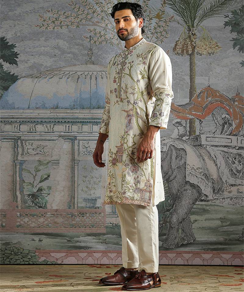 Ivory embroidered chanderi silk kurta set