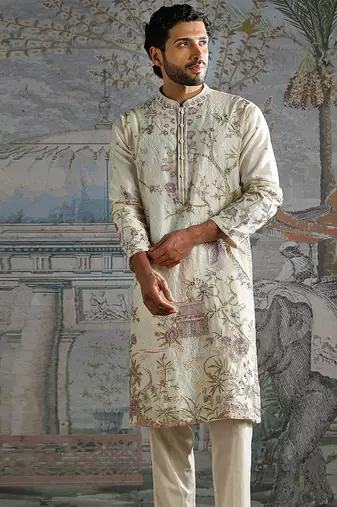 Ivory embroidered chanderi silk kurta set