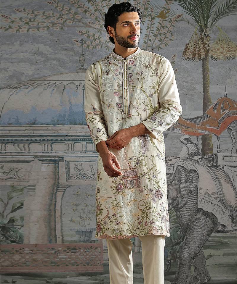 Ivory embroidered chanderi silk kurta set