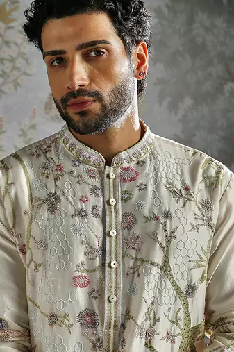 Ivory embroidered chanderi silk kurta set
