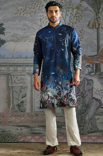 Blue printed palm silk kurta set