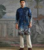 Blue printed palm silk kurta set