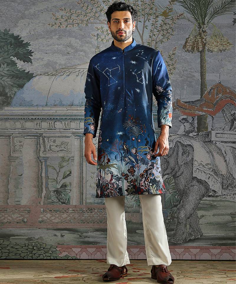 Blue printed palm silk kurta set