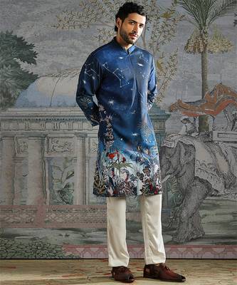 Blue printed palm silk kurta set 2