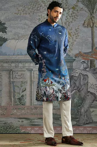 Blue printed palm silk kurta set