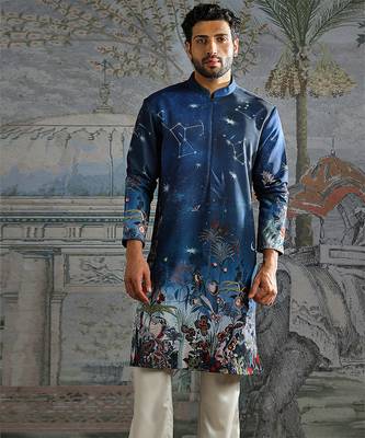 Blue printed palm silk kurta set 3