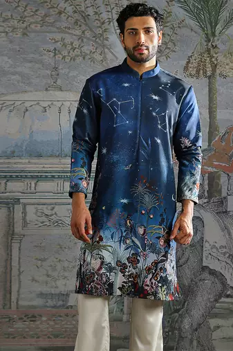 Blue printed palm silk kurta set