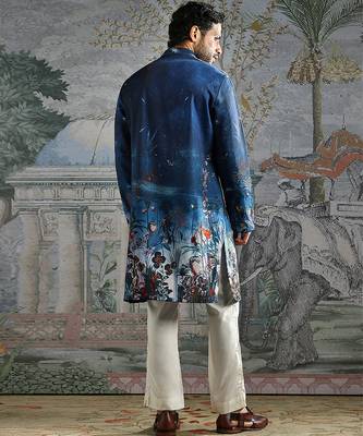 Blue printed palm silk kurta set 5