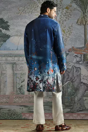 Blue printed palm silk kurta set