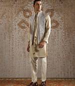 Champagne embroidered raw silk kurta bundi set