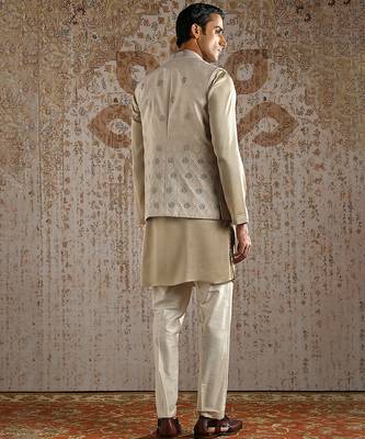Champagne embroidered raw silk kurta bundi set 5