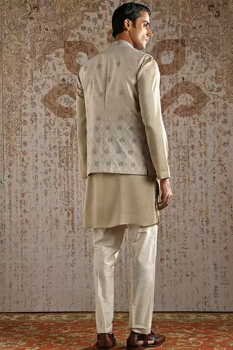 Champagne embroidered raw silk kurta bundi set