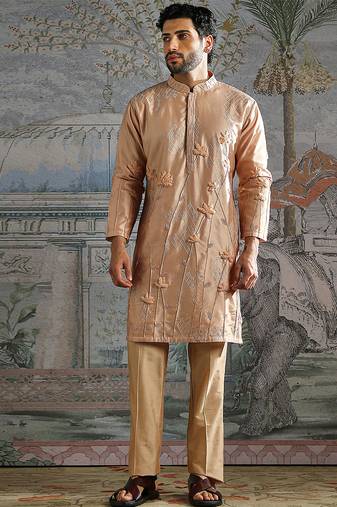 Beige embroidered chanderi silk kurta set