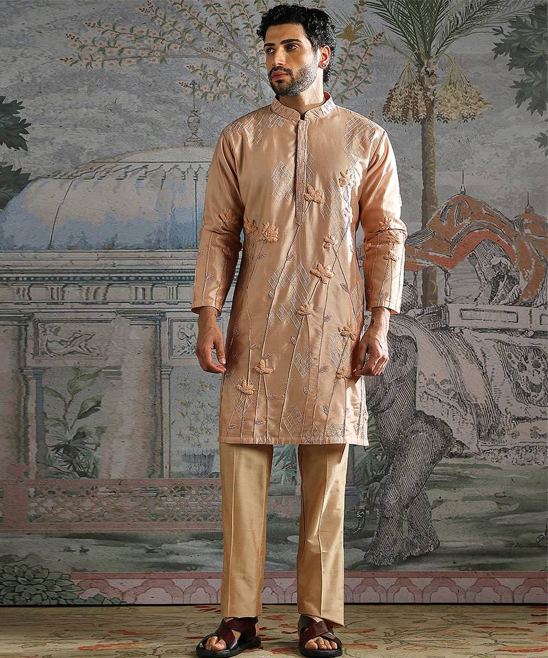 Beige embroidered chanderi silk kurta set