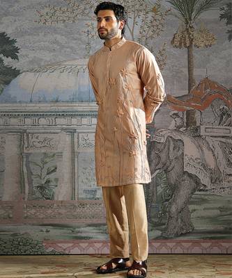 Beige embroidered chanderi silk kurta set 2