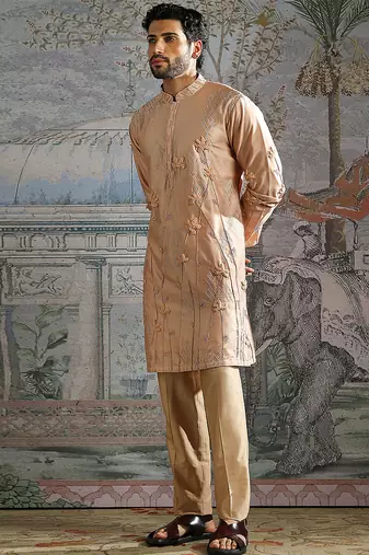 Beige embroidered chanderi silk kurta set