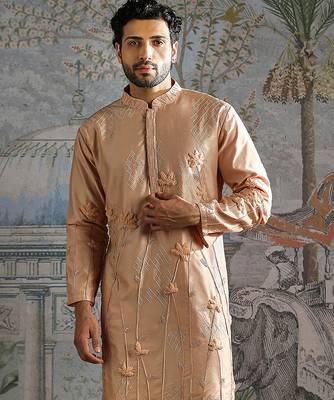 Beige embroidered chanderi silk kurta set 3