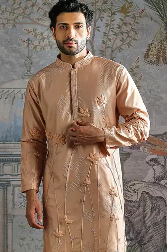 Beige embroidered chanderi silk kurta set