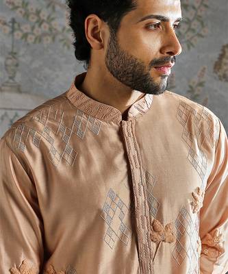 Beige embroidered chanderi silk kurta set 4