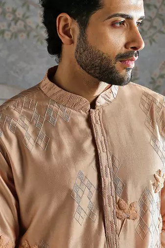 Beige embroidered chanderi silk kurta set