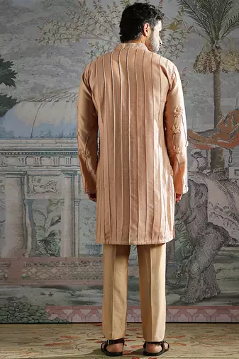 Beige embroidered chanderi silk kurta set