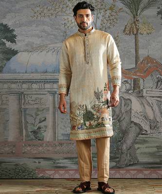 Beige embroidered chanderi silk kurta set 1