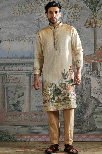 Beige embroidered chanderi silk kurta set