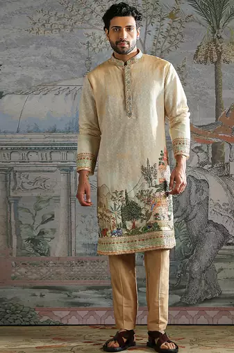 Beige embroidered chanderi silk kurta set