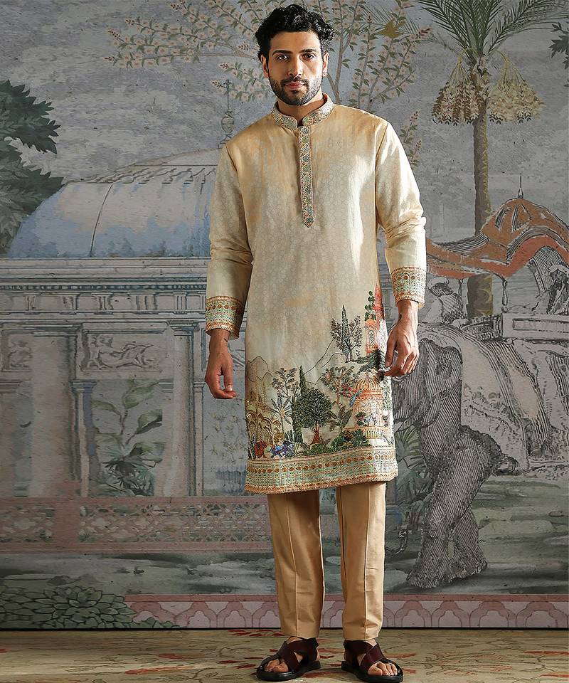 Beige embroidered chanderi silk kurta set