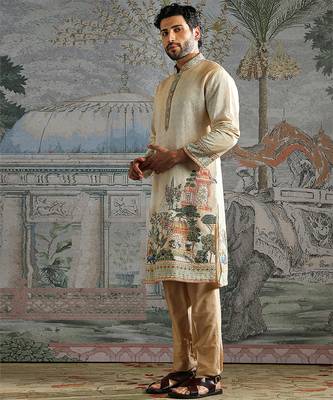 Beige embroidered chanderi silk kurta set 2