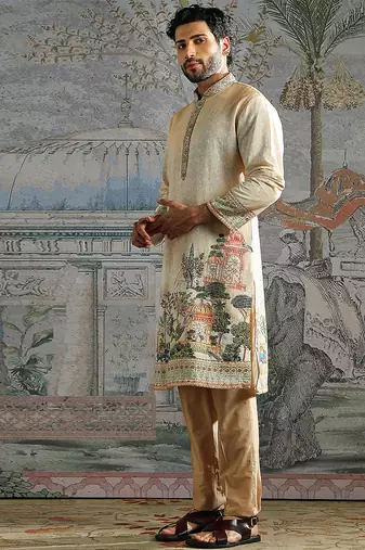 Beige embroidered chanderi silk kurta set