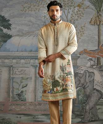 Beige embroidered chanderi silk kurta set 3