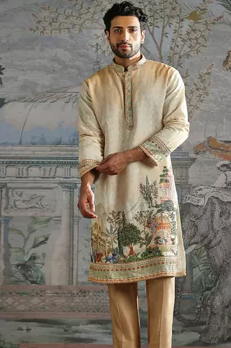 Beige embroidered chanderi silk kurta set